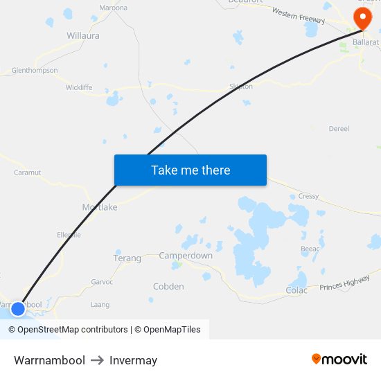 Warrnambool to Invermay map