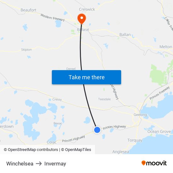 Winchelsea to Invermay map