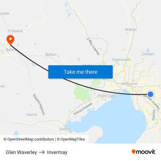 Glen Waverley to Invermay map