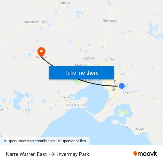 Narre Warren East to Invermay Park map