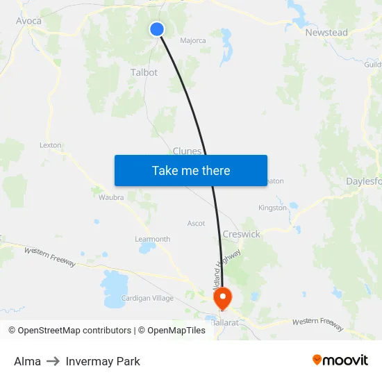 Alma to Invermay Park map