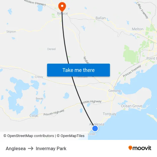 Anglesea to Invermay Park map