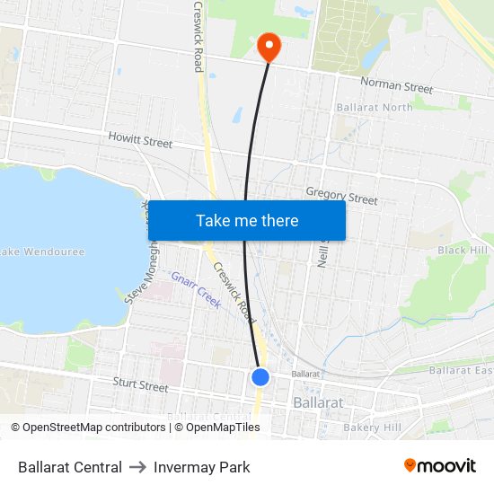 Ballarat Central to Invermay Park map