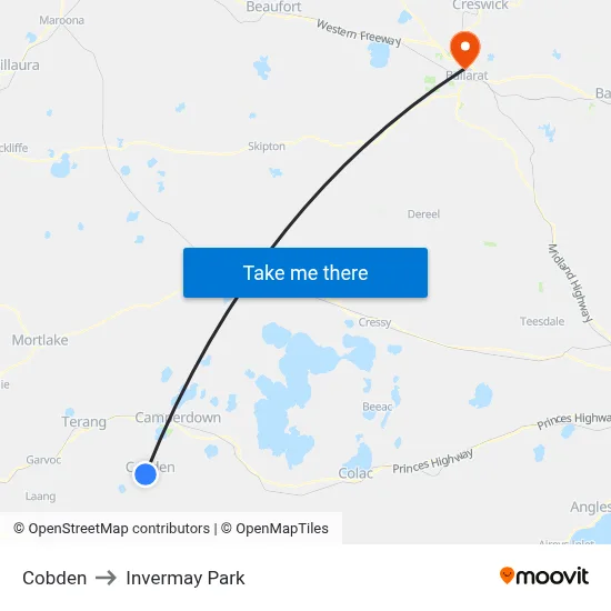Cobden to Invermay Park map