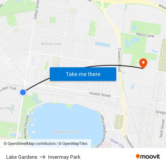 Lake Gardens to Invermay Park map