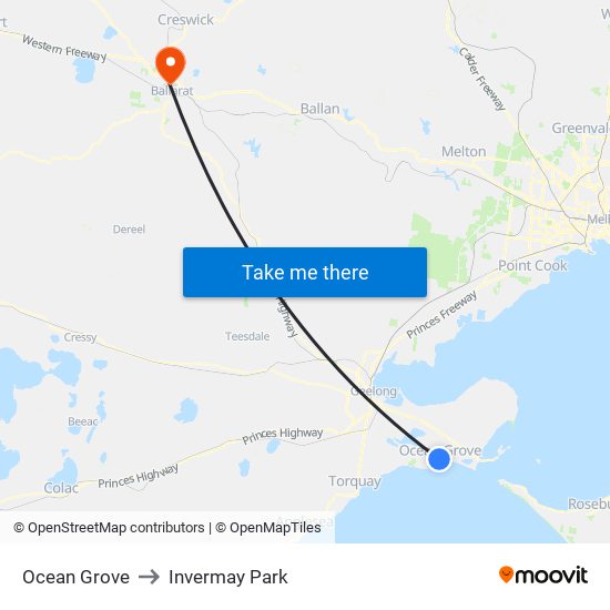 Ocean Grove to Invermay Park map