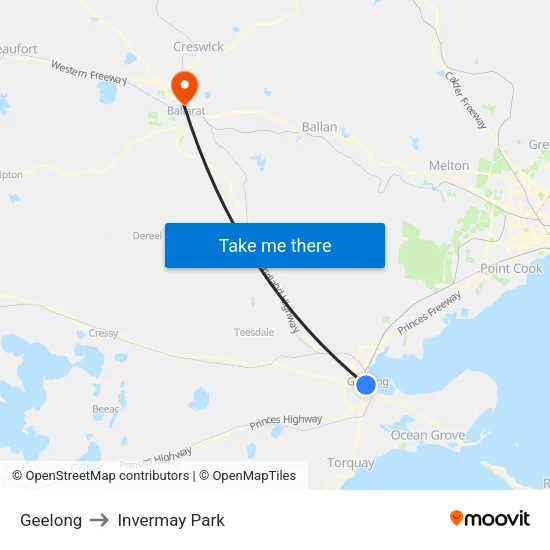 Geelong to Invermay Park map