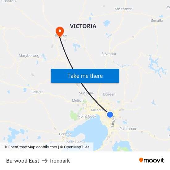 Burwood East to Ironbark map