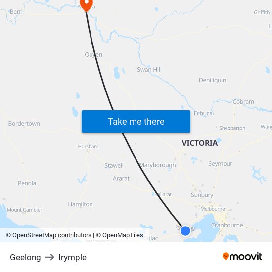 Geelong to Irymple map