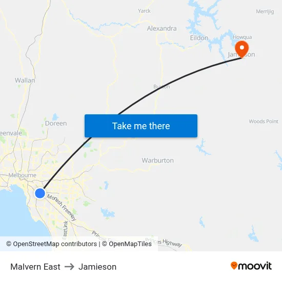 Malvern East to Jamieson map