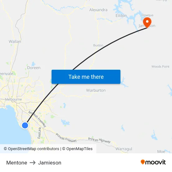 Mentone to Jamieson map