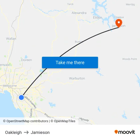 Oakleigh to Jamieson map