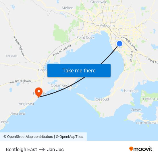 Bentleigh East to Jan Juc map