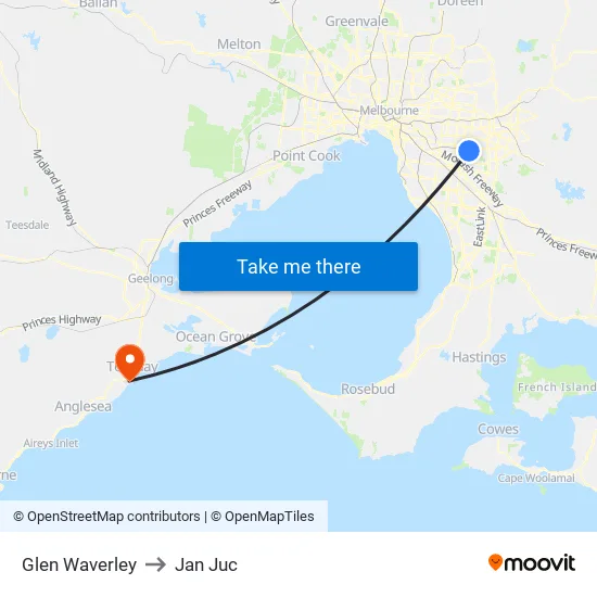 Glen Waverley to Jan Juc map