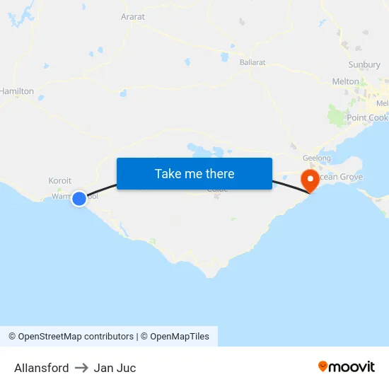 Allansford to Jan Juc map