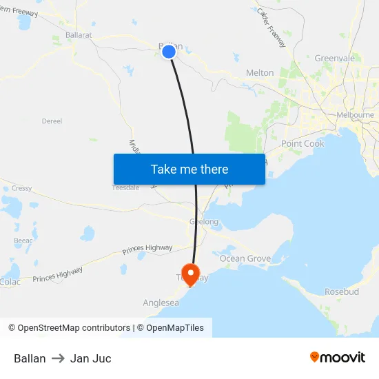 Ballan to Jan Juc map