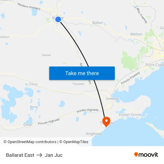 Ballarat East to Jan Juc map
