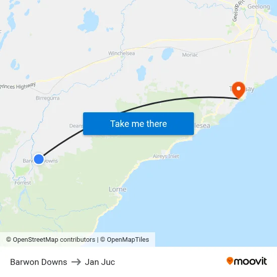 Barwon Downs to Jan Juc map
