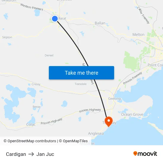 Cardigan to Jan Juc map