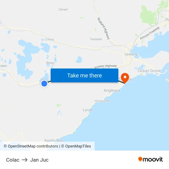 Colac to Jan Juc map