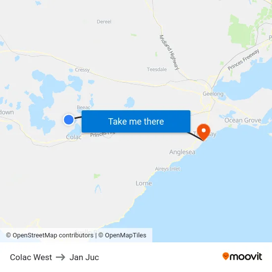 Colac West to Jan Juc map