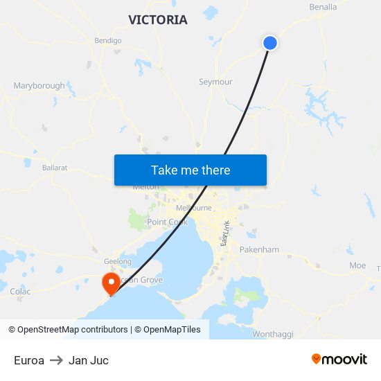 Euroa to Jan Juc map