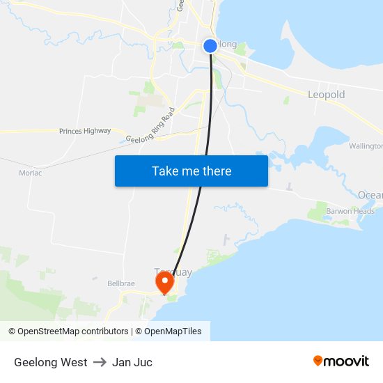 Geelong West to Jan Juc map
