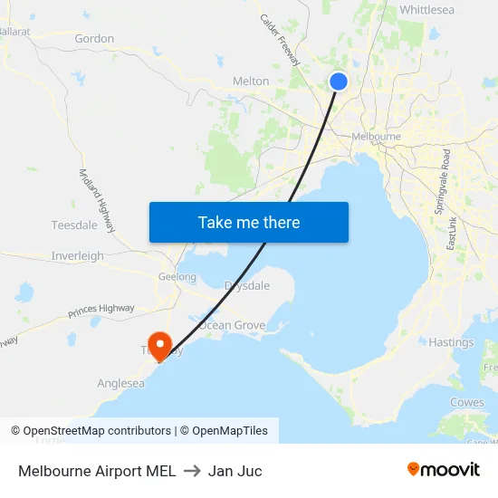 Melbourne Airport MEL to Jan Juc map