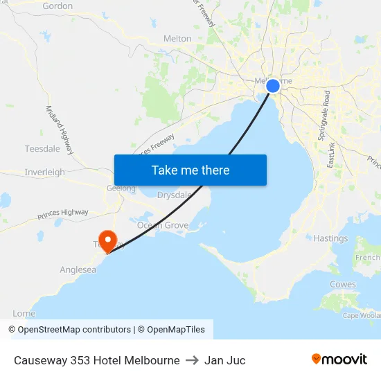Causeway 353 Hotel Melbourne to Jan Juc map