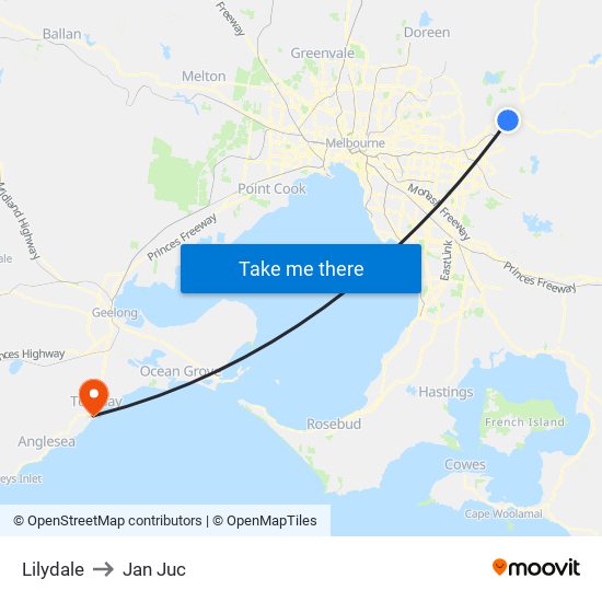 Lilydale to Jan Juc map