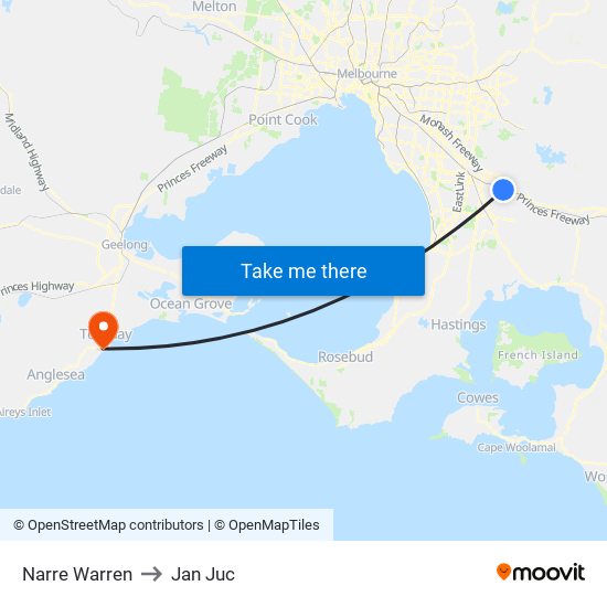 Narre Warren to Jan Juc map