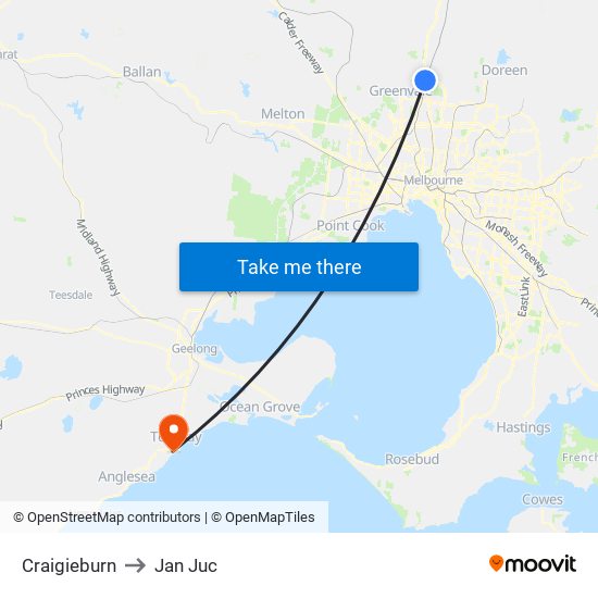 Craigieburn to Jan Juc map
