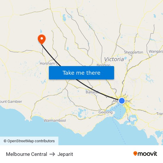 Melbourne Central to Jeparit map