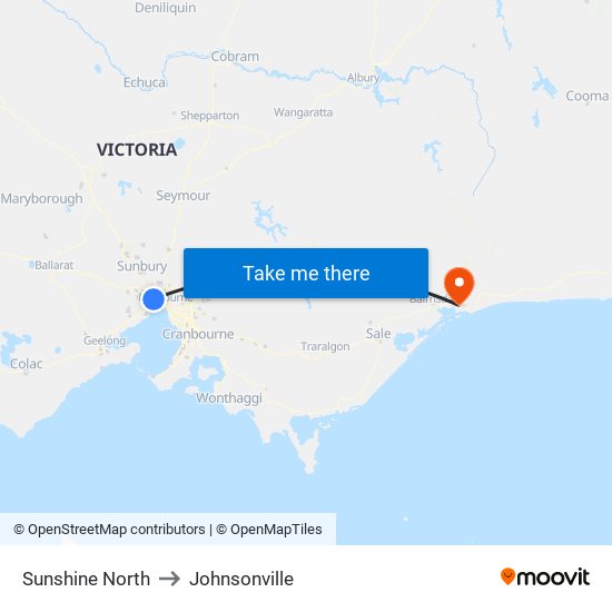 Sunshine North to Johnsonville map