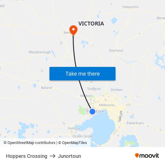 Hoppers Crossing to Junortoun map