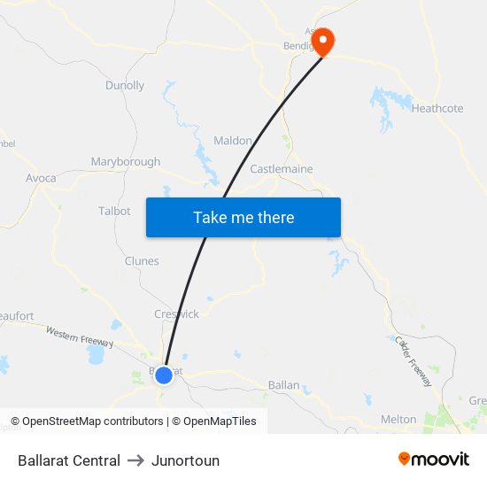 Ballarat Central to Junortoun map