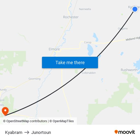 Kyabram to Junortoun map