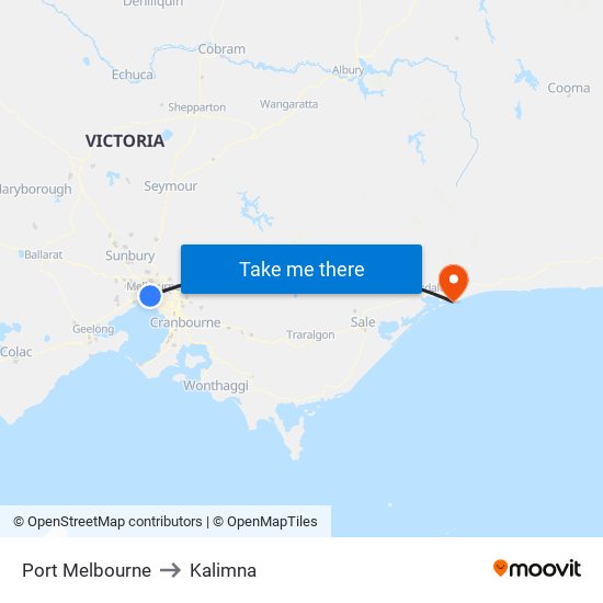 Port Melbourne to Kalimna map