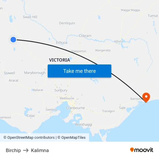 Birchip to Kalimna map