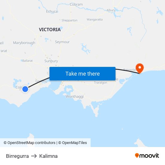 Birregurra to Kalimna map