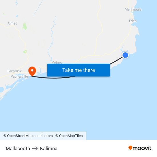 Mallacoota to Kalimna map