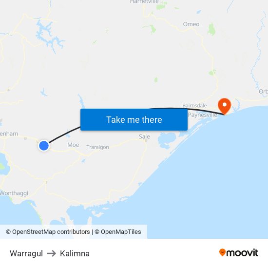 Warragul to Kalimna map