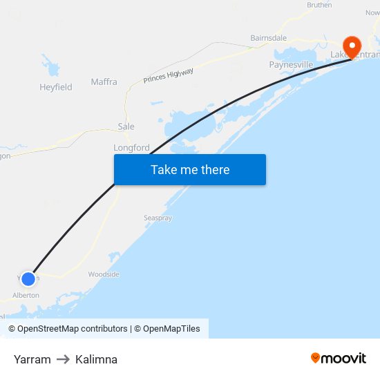 Yarram to Kalimna map