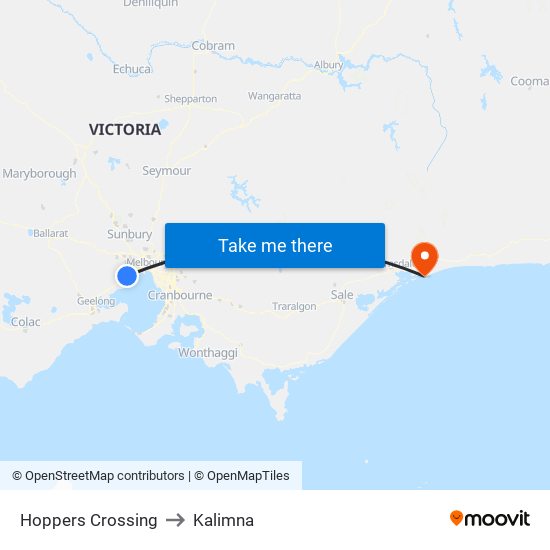 Hoppers Crossing to Kalimna map