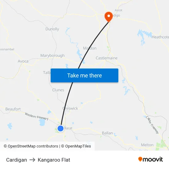 Cardigan to Kangaroo Flat map