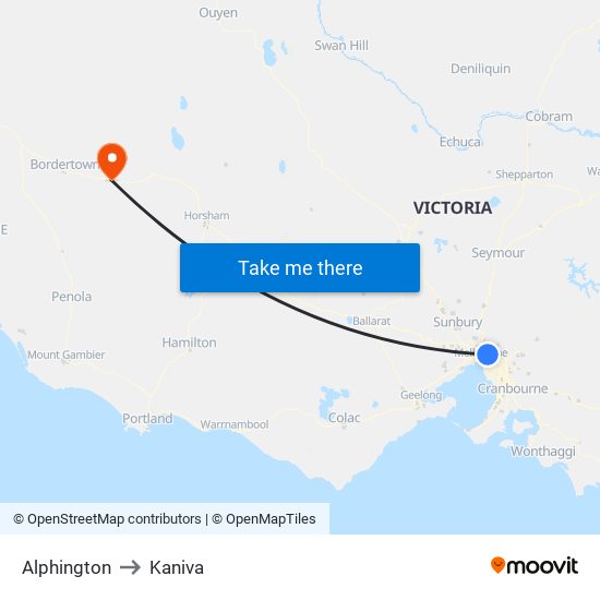 Alphington to Kaniva map