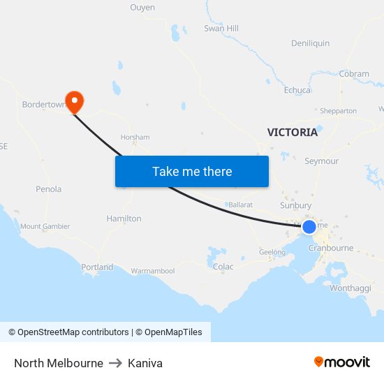 North Melbourne to Kaniva map
