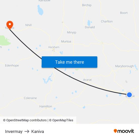 Invermay to Kaniva map