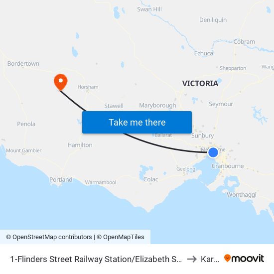 1-Flinders Street Railway Station/Elizabeth St (Melbourne City) to Karnak map