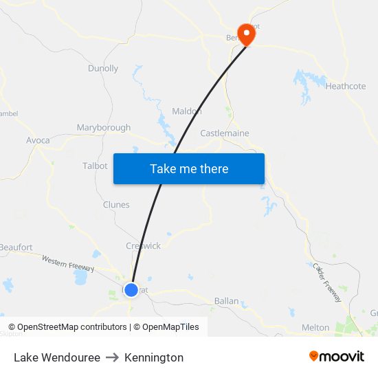 Lake Wendouree to Kennington map